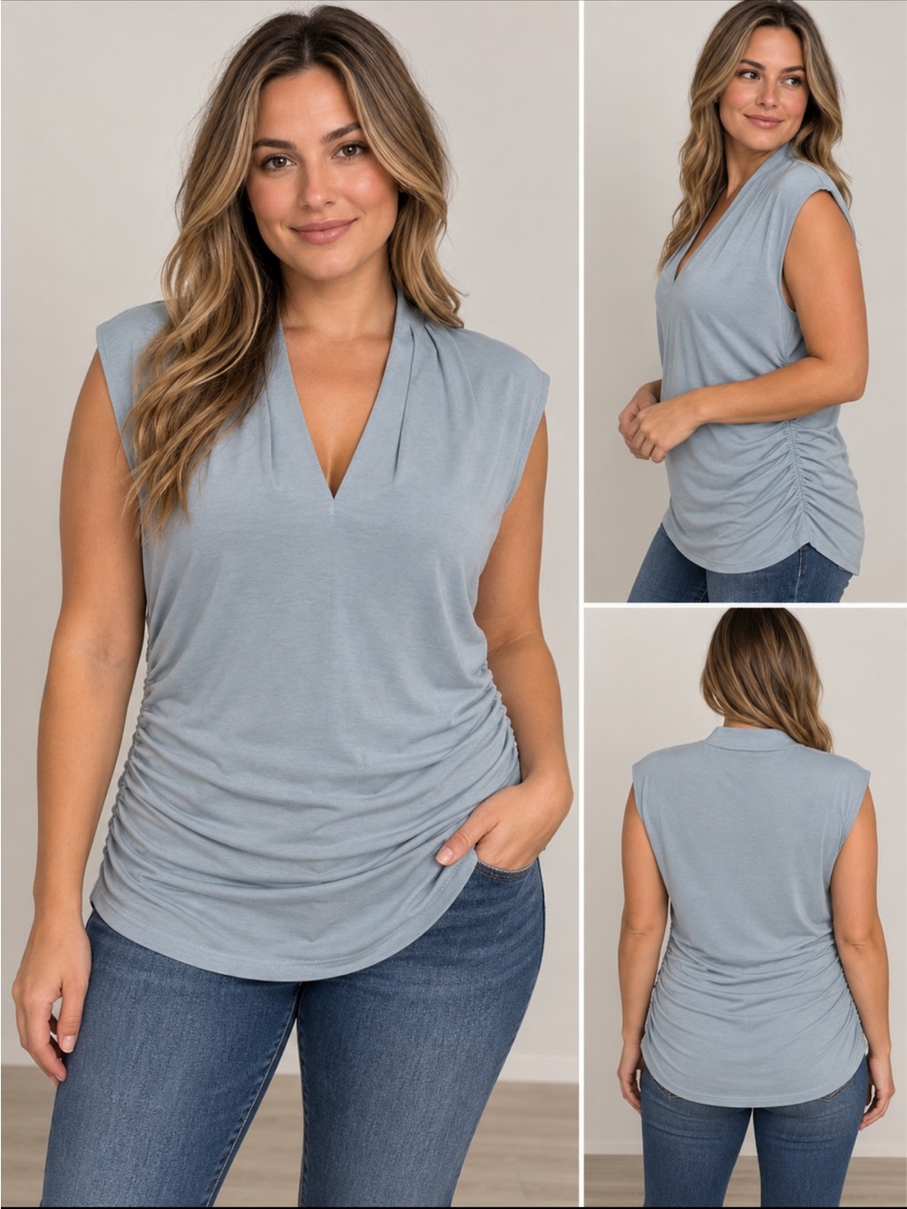 Vince Camuto Light Blue V-Neck Sleeveless Ruched Side Tank